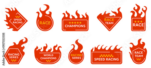 Racing flame badges collection with speed and championship labels. Motorsport emblems in bold flat style