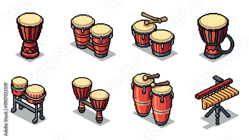 Isometric pixel art percussion instruments set with drums and xylophone