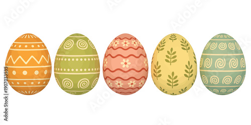 Five colorful Easter eggs with various patterns isolated on white background