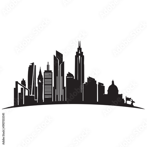 Abstract black silhouette of a contemporary city skyline, showcasing geometric skyscrapers and unique architectural designs, evoking futuristic urbanism.