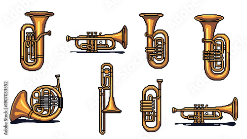 Pixel art brass instruments collection: trumpets, tubas, and more in retro style