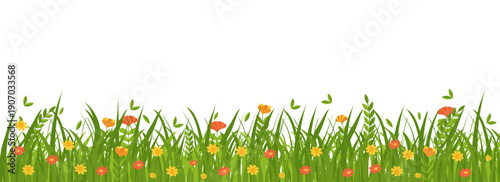 Green grass and wildflowers border with meadow plants. Horizontal spring landscape element in flat style