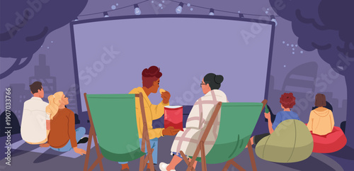 Diverse people characters enjoying outdoor cinema watching movie on large screen cartoon scene