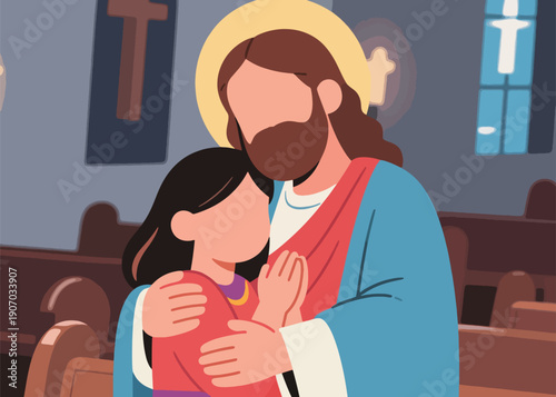 The Lord Jesus' Hug to the Little Girl Illustrator Artwork Creative Design Template 