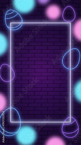 Colorful Happy Easter card glowing effect with neon lights on dark background  