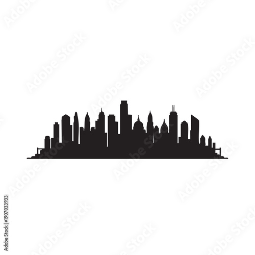 City skyline silhouette illustration, urban architecture, modern cityscape, downtown buildings, metropolitan landscape, business district panorama, diverse structures graphic