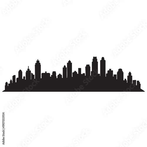City skyline silhouette graphic, urban architecture, modern cityscape, downtown buildings, metropolitan landscape, business district panorama, extended structures vector