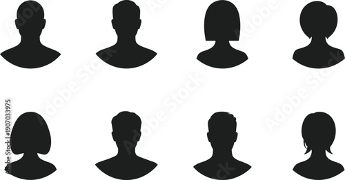 Eight black silhouette headshots of diverse hairstyles and genders on a white background portrait avatar