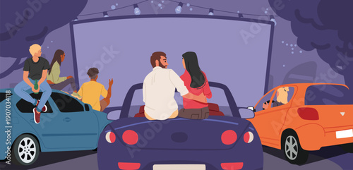 Diverse people cartoon characters enjoying classic drive-in movie experience summer event scene