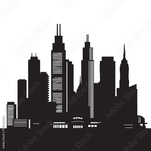 Detailed city skyline silhouette featuring modern skyscrapers and architectural structures in black vector art. dynamic urban landscape with prominent buildings and ground elements