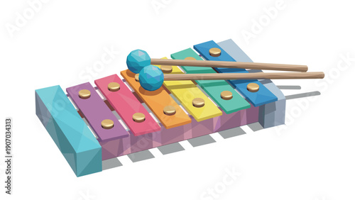 Vibrant low poly xylophone with wooden mallets on white background