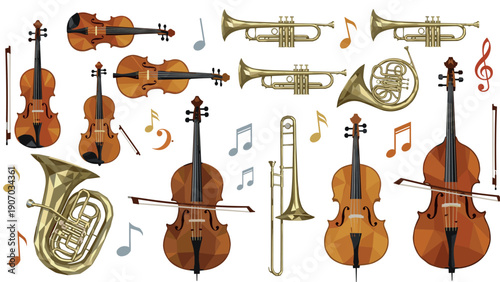 Orchestral instruments pattern with musical notes: vector art of violins, trumpets, and tubas