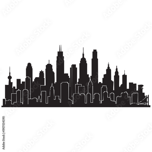 Detailed city skyline silhouette with prominent skyscrapers and bridges. urban landscape illustration captures modern architecture and bustling metropolitan life vector graphic design element