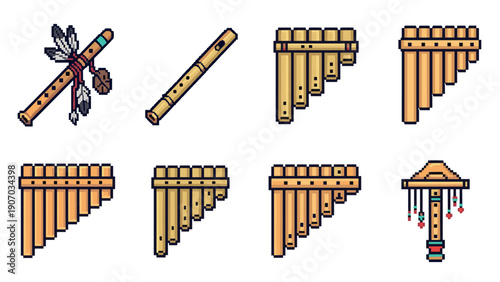 Colorful pixel art wind instruments collection with pan flutes and native designs