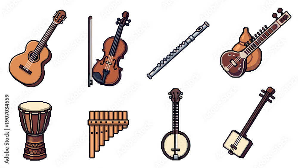 Fototapeta premium Pixel art musical instruments collection: strings, percussion, and wind display