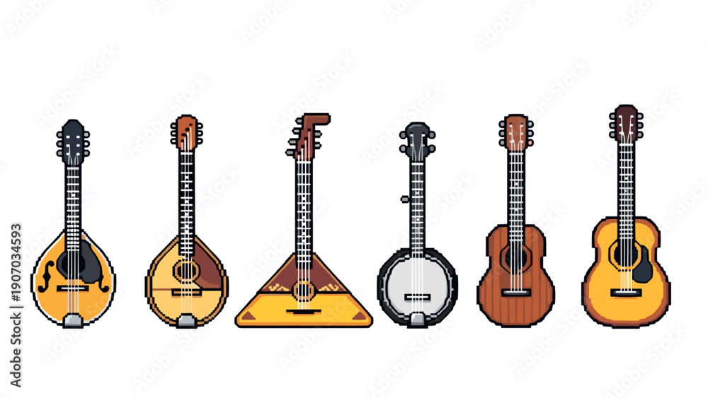 Naklejka premium Pixel art string instruments collection: mandolin, balalaika, banjo, acoustic guitar