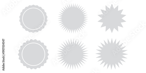 Vector set of grey starburst shapes and promotional seals, collection of blank spiky price tags and quality guarantee labels for marketing design.