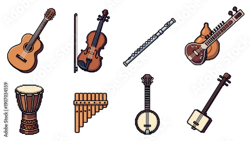 Pixel art musical instruments collection: strings, percussion, and wind display