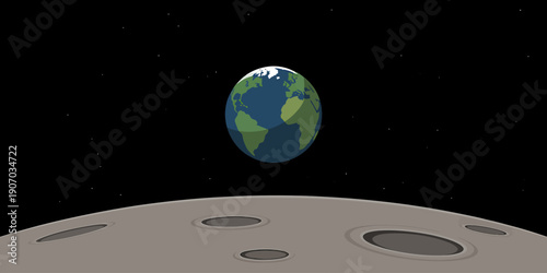 Cartoon illustration of earth planet from moon surface in space with stars