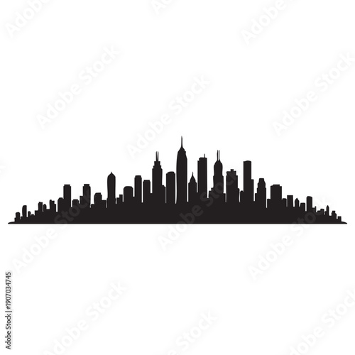 Elegant and symmetrical cityscape silhouette forming a wide horizon with varied buildings and skyscrapers representing a vibrant and dynamic urban panorama