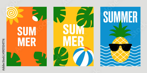 Summer posters with tropical leaves beach ball and pineapple  seasonal graphic resources