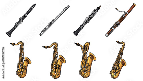 Collection of woodwind and brass instruments in cartoon style