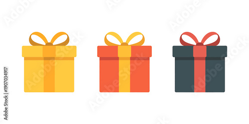 Three colorful gift boxes with ribbons and bows on white background