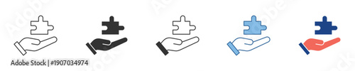 Versatile icon set featuring a hand holding a puzzle piece, embodying concepts of problem-solving, strategic thinking, collaboration, finding solutions, and offering crucial support