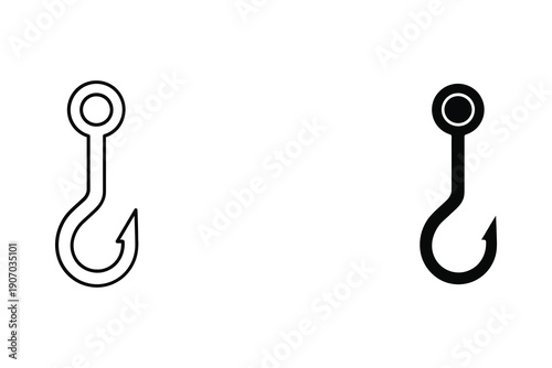 Fishing Hooks Outline and Solid Black Vector Illustration