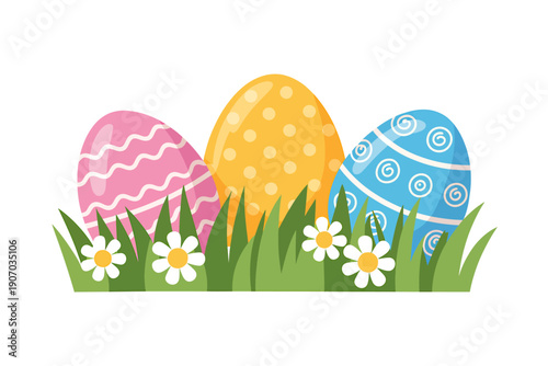 Colorful Easter eggs in grass with white flowers isolated on transparent background