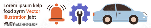 Automotive repair, vehicle warning systems, technical maintenance, car diagnostics, mechanical solutions, tool usage. Car, gear with wrench and alarm bell. Automotive repair and vehicle warning