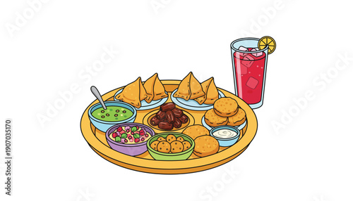 Indian Snacks Platter with Refreshing Drink in Vibrant Colors on Wooden Tray for Food Blog