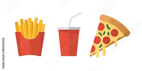 Fast food meal with french fries soda and pizza slice on white background
