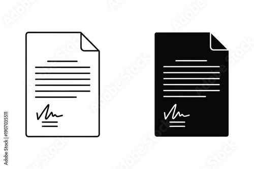 Document icons with signature in white and black flat design vector illustration