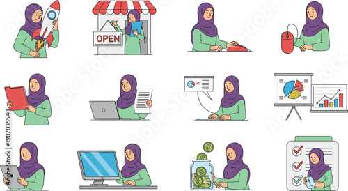 Muslim business woman in hijab working character set including office tasks, data analysis, saving money, launching startup and managing retail store shop