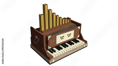 Vintage harmonium with keyboards and pipes in isometric design