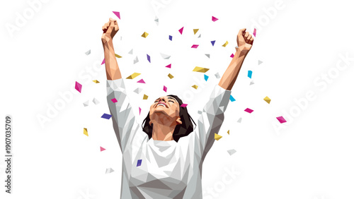 Celebration with dynamic geometric design featuring a happy person and colorful confetti