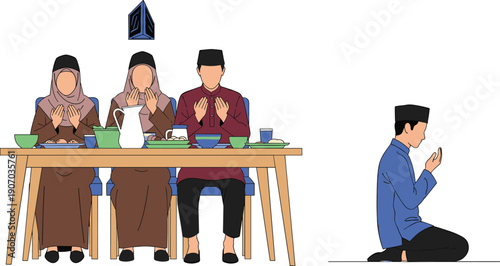 Muslim family praying before iftar meal at dining table and young man kneeling in prayer on floor, Ramadan religious tradition concept