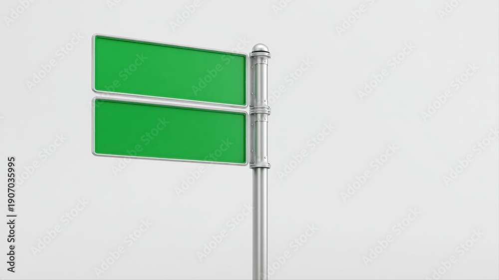 Obraz premium Blank Green Sign on Metal Pole Against White Background for Custom Messaging and Wayfinding