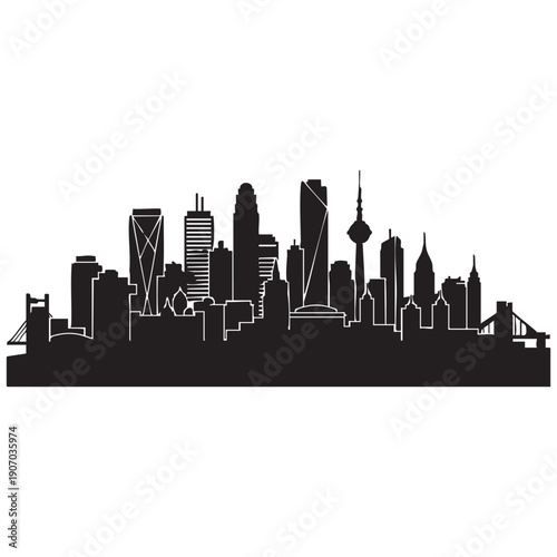 Detailed city skyline silhouette illustration featuring diverse architectural styles including bridges and a prominent communication tower, set against a pristine white backdrop