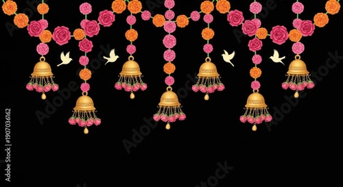 Vibrant Indian wedding decorations with golden bells and flowers