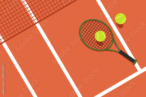 Minimal tennis scene with racket, balls and net on colorful court surface. Flat background for sports branding and active lifestyle projects.