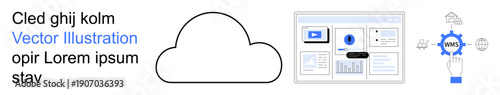 Cloud computing, data management, software integration, technology development, process automation, user interface design. Cloud icon with dashboard and process graphic. Cloud computing and data