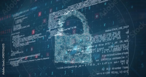 Animation of security padlock over data processing on dark background