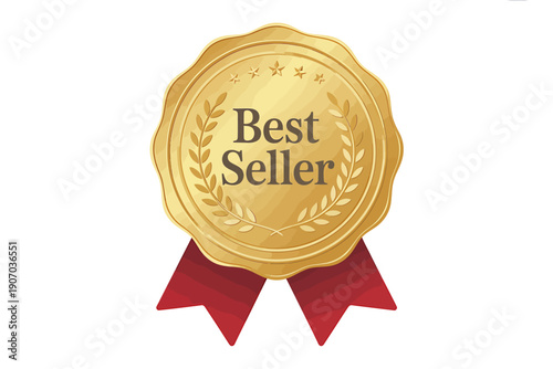 Golden best seller award badge with red ribbon and laurel wreath