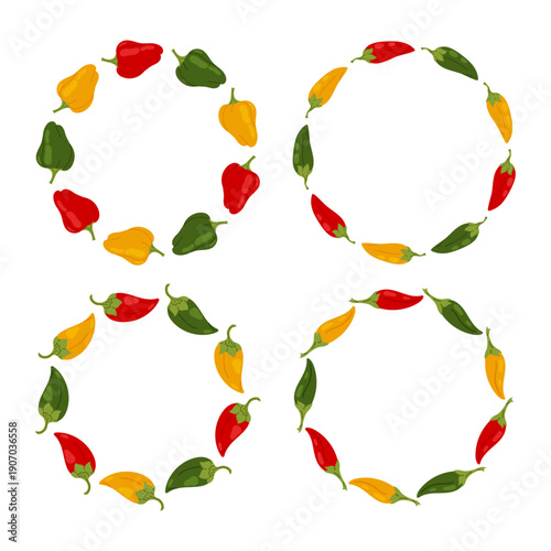 Set round hot pepper frames on white background. Green, yellow and red hot peppers. Decorative chili borders for spicy food design, menu and sauce packaging.