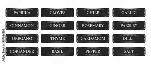 Set of black spice label stickers with white lettering. Names of herbs and seasonings for kitchen jars, packaging and menu design.