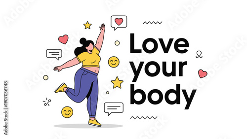 Empowered plus size woman dancing with joy next to the text love your body surrounded by positive social media icons and stars.