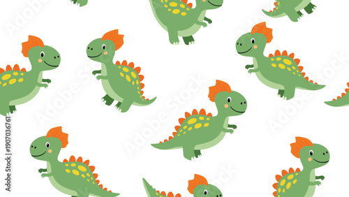 Playful seamless pattern of cute green dinosaurs with orange crests and yellow spots wandering on a white background for kids.