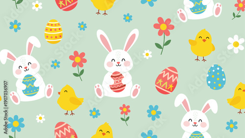 Cute seamless pattern for Easter featuring white rabbits with eggs, yellow chicks, and colorful flowers on light green background.